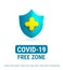 Covid-19 free vector poster design. Covid free text in protection shield logo with health and safety instruction in white.