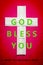 Covid-19, God bless you when you wearing a mask. The Cross, Medical mask cross on red pink background, blank poster, text input,