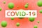 Covid-19 inscription on coronavirus model background. Virus strain concept banner