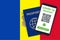 Covid-19 Passport on Andorra Flag Background. Vaccinated. QR Code. Smartphone. Immune Health Cerificate. Vaccination Document.