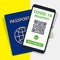 Covid-19 Passport on Vatican City Flag Background. Vaccinated. QR Code. Smartphone. Immune Health Cerificate. Vaccination Document