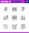 Covid-19 Protection CoronaVirus Pendamic 9 Line icon set such as  building, travel, time, prohibit, virus