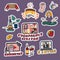 Covid-19 quarantine stickers set about self isolation and what to do at home. In russian. In Russian. Refrigerator and
