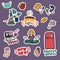 Covid-19 quarantine stickers set about self isolation and what to do at home. In russian. In Russian. Refrigerator and