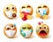 Covid-19 smiley emoji vector set. Emojis 3d character in care, sick and infected emotions with face mask and sanitizer element.