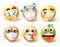 Covid-19 smileys vector set. Emoji 3d characters in safe and sick expression with face mask, vaccine and shield element.6