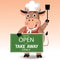 Covid-19 social distancing concept with cow chef wearing face mask while holding a red signboard written we`re open for Take Away