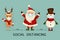 COVID-19, social distancing infographic with funny Christmas cartoon character. Cute Santa Claus, reindeer, snowman medical face