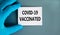 Covid-19 vaccinated symbol. Hand in blue glove with white card. Concept words \\\'Covid-19 vaccinated\\\'.