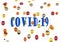 `COVID-19` word and watercolor hand drawn painting of corana virus red,orange and brown color isolated on white background.