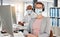 Covid, call center and portrait in office with medical mask for safety, health and protection from virus at pc