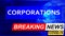 Covid and corporations in breaking news - stylized tv blue news screen with news related to corona pandemic and corporations, 3d