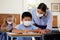 Covid, education and learning with a teacher wearing a mask and helping a male student in class during school. Young boy