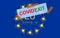 COVID EXIT. Cartoon. EU symbol  official colors of the flag. Pandemic.
