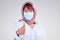 Covid face mask, muslim woman and thumbs up, portrait and vaccine yes vote, safety compliance and emoji, health risk and