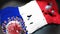 Covid in France - coronavirus attacking a national flag of France as a symbol of a fight and struggle with the virus pandemic in