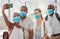 Covid, friends and phone selfie of travel group with safety masks at the airport ready for a flight. Diversity of