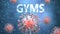 Covid and gyms, pictured as red viruses attacking word gyms to symbolize turmoil, global world problems and the relation between