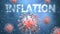 Covid and inflation, pictured as red viruses attacking word inflation to symbolize turmoil, global world problems and the relation