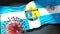 Covid in Iquique - coronavirus attacking a city flag of Iquique as a symbol of a fight and struggle with the virus pandemic in