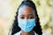 Covid, portrait and doctor at hospital with mask for compliance, safety and healthcare on bokeh background. Face, corona