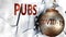 Covid and pubs,  symbolized by the coronavirus virus destroying word pubs to picture that the virus affects pubs and leads to