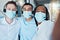 Covid, selfie and call center masks on face of happy staff for pandemic protection at telemarketing company. Customer