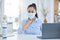 Covid, sick and face mask woman at work in company office or workplace. Business worker with health, safety or female