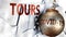 Covid and tours,  symbolized by the coronavirus virus destroying word tours to picture that the virus affects tours and leads to