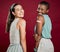 Covid vaccinated African american and mixed race women showing arm plaster. Portrait of two happy people  on red