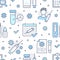 Covid vaccine blue seamless pattern. Vector background included line icons as blood antibody report, medical test