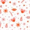 Covid Valentines day pattern. Heart in face mask, coronavirus protection, virus, distance love background.
