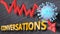 Covid virus and conversations, symbolized by a price stock graph falling down, the virus and word conversations to picture that