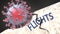 Covid virus destroying flights - big corona virus breaking a solid, sturdy and established flights structure, to symbolize