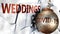 Covid and weddings,  symbolized by the coronavirus virus destroying word weddings to picture that the virus affects weddings and