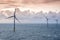 Cow in alpine landscapeSunset over offshore wind farm - green power generation