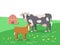 Cow and calf grazing in green meadow flat vector illustration