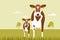 A cow and a calf standing on a grassy field