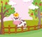 Cow with chicken in head fence and fruits trees farm animal cartoon