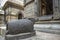 Cow facing the Votive temples and shrines in a row at Pashupatinath Temple, Kathmandu, Nepal