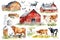 Cow, farm barn, countryside landscape watercolor illustration set, hand drawn farm animals, red barn with a tree, windmill, green