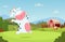 Cow at farm. Field ranch milk animals eating and playing on the grass alpes landscape vector cartoon character