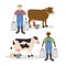 Cow and farmer holding big milk container pot