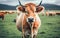 Cow in the field, eating grass and looking good, make with AI