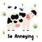 Cow and flies funny print. Card in childish style
