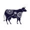 Cow with a flower pattern. Vector image. Horned cattle