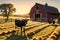 Cow Gazing Directly into the Camera Lens, Warm Sunset Casting Long Shadows Across the Textured Hay