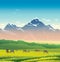 Cow, grass, mountain. Summer landscape.