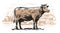 Cow grazing in a farmland. Village, rural landscape, engraving sketch. Dairy farm vector illustration