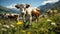 Cow grazing in a green meadow, surrounded by mountain beauty generated by AI